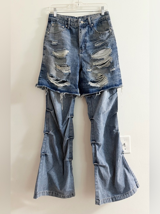 Aelfric Eden Denim - Aelfric Eden NWT size 30 distressed denim shorts over pinstripe flared pants